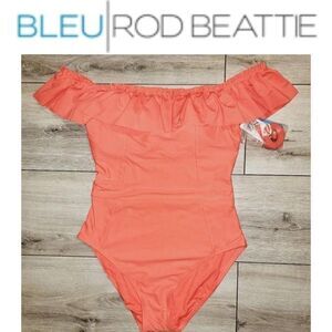 🆕️2023 Bleu Rod Beattie Coral On/  Off the Shoulder Ruffled One-Piece Swimsuit
